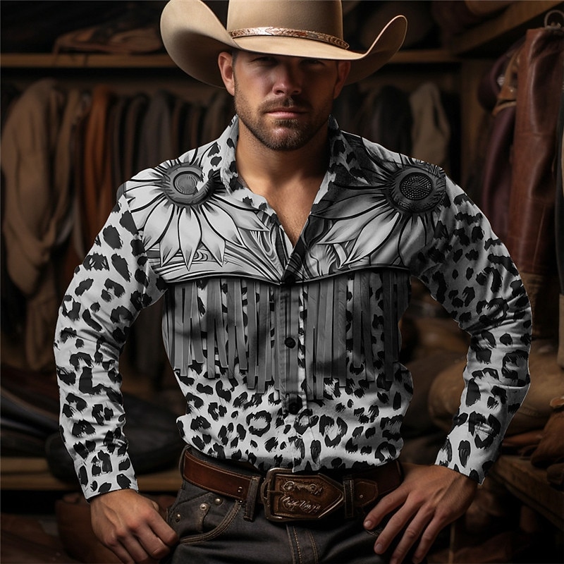 Men's Leopard Shirt Western Shirt Cowboy Shirt Long Sleeve Vintage Western Style Outdoor Street Casual Daily Fall & Winter Turndown Buttons Print Brown Gray 2026 - $28.99 –P2