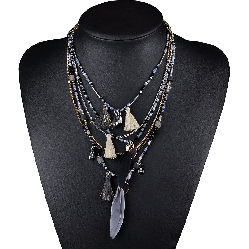 CARNIVAL Bohemian Multi layered Necklace Handmade Beaded Feather Fringe Sweater Chain Resin Rice Beads Tourism Jewelry 2025 - $14.99 –P4