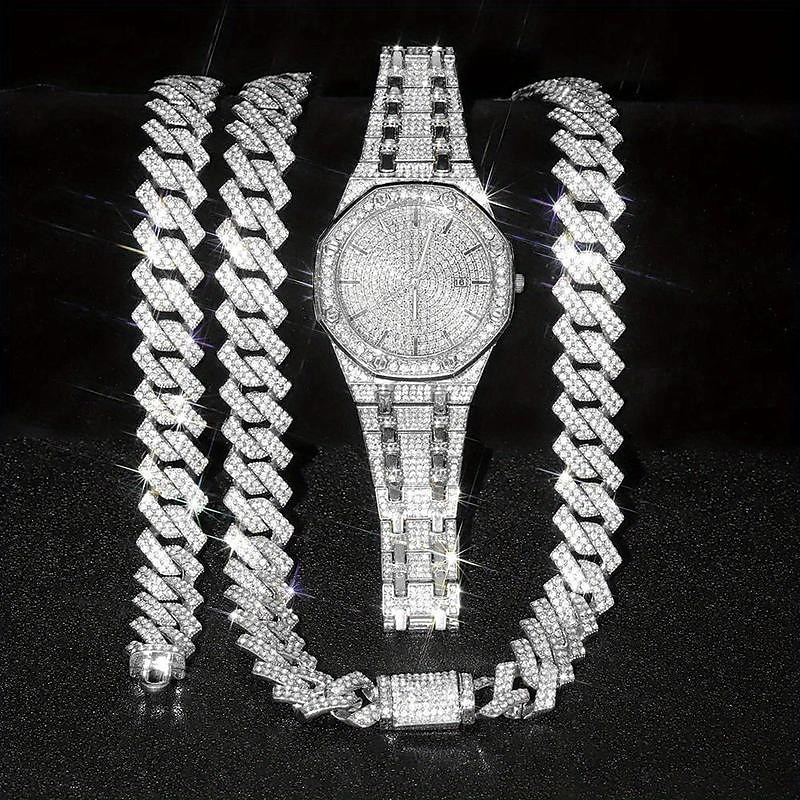 3pcs/set HipHop Mens Rhinestone Watch & Necklace & Bracelet Set, Christmas Gift 2025 - $38.99 –P2