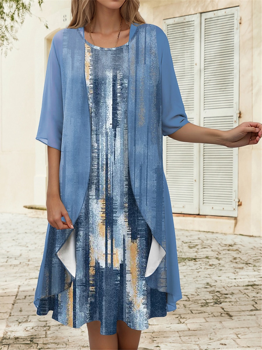 Women's Graduation Dress Midi Dress Two Piece Dress Set Casual Dress Chiffon Dress Print Dress Fashion Modern Print Print Half Sleeve Crew Neck Outdoor Holiday Pink Blue Purple Spring Loose Fit 2025 - $36.99 –P1