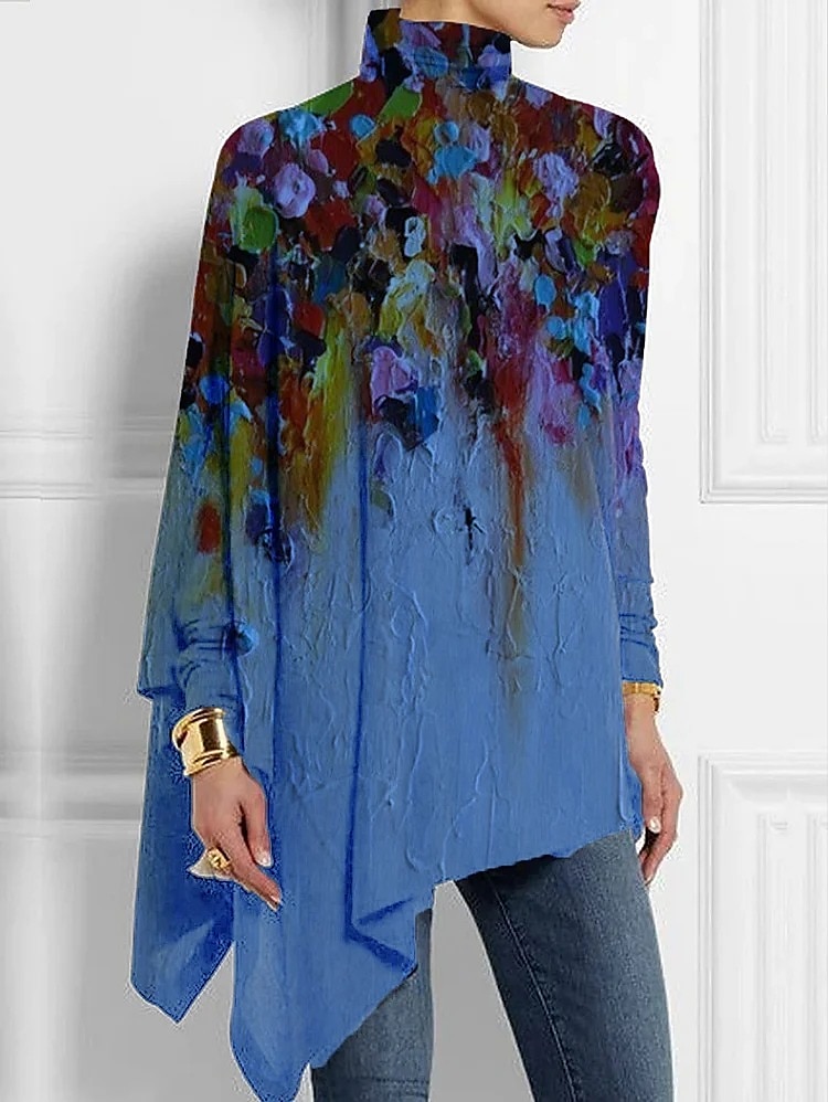 Dam T-shirt Lång ärm Mode Blommig Tryck Asymmetrisk Nederkant Lång Ärmar Höga Halsar Avslappnad Semester Blå Grön Grå Vår  Höst Förhöst 2025 - HUF 9429 –P2