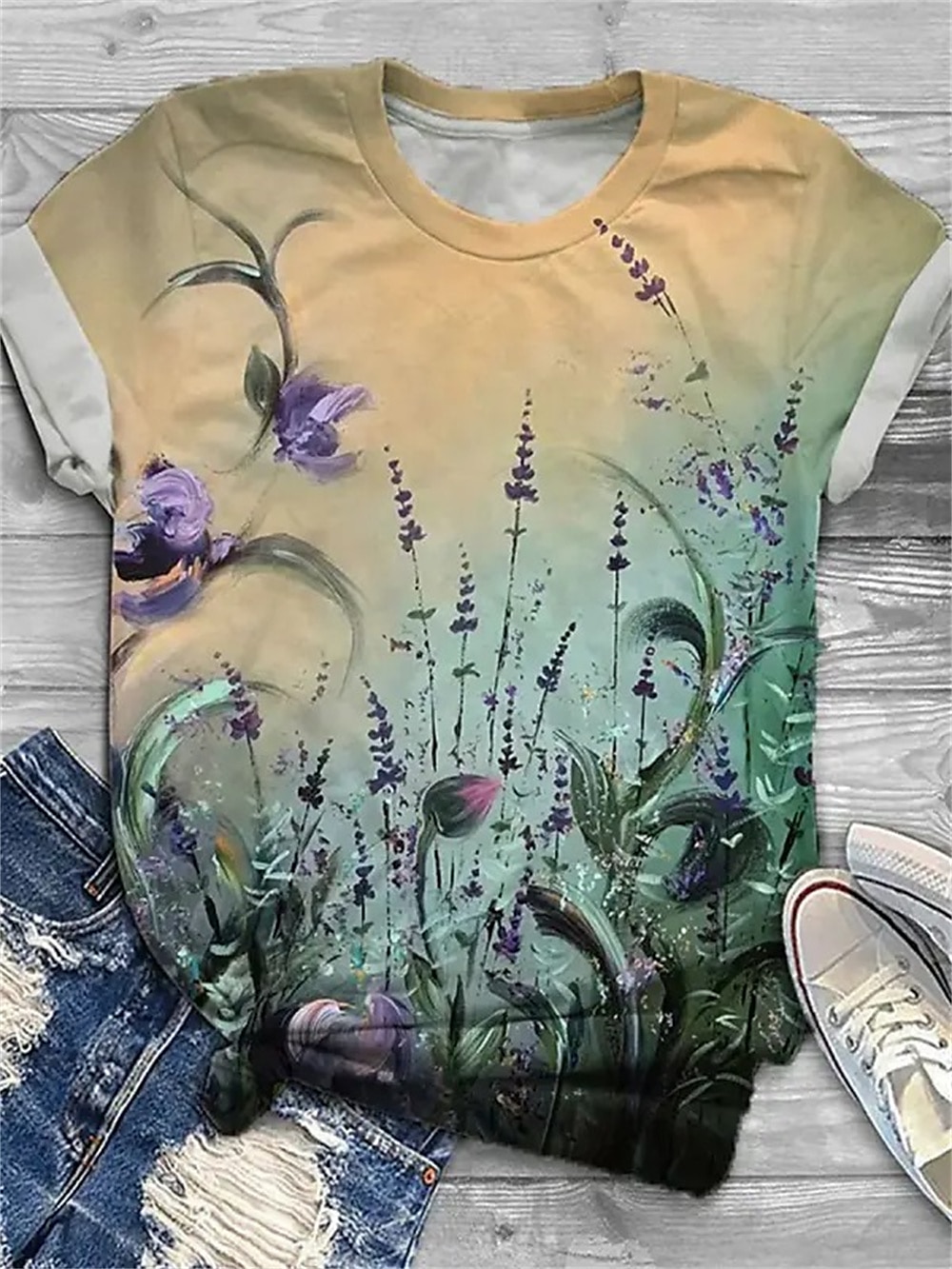 kvinners t-skjorte mote blomsterprint kortermede vanlige topper rund hals ferie helg gul rosa blå lilla grønn vår & sommer 2025 - $19.99 –P4