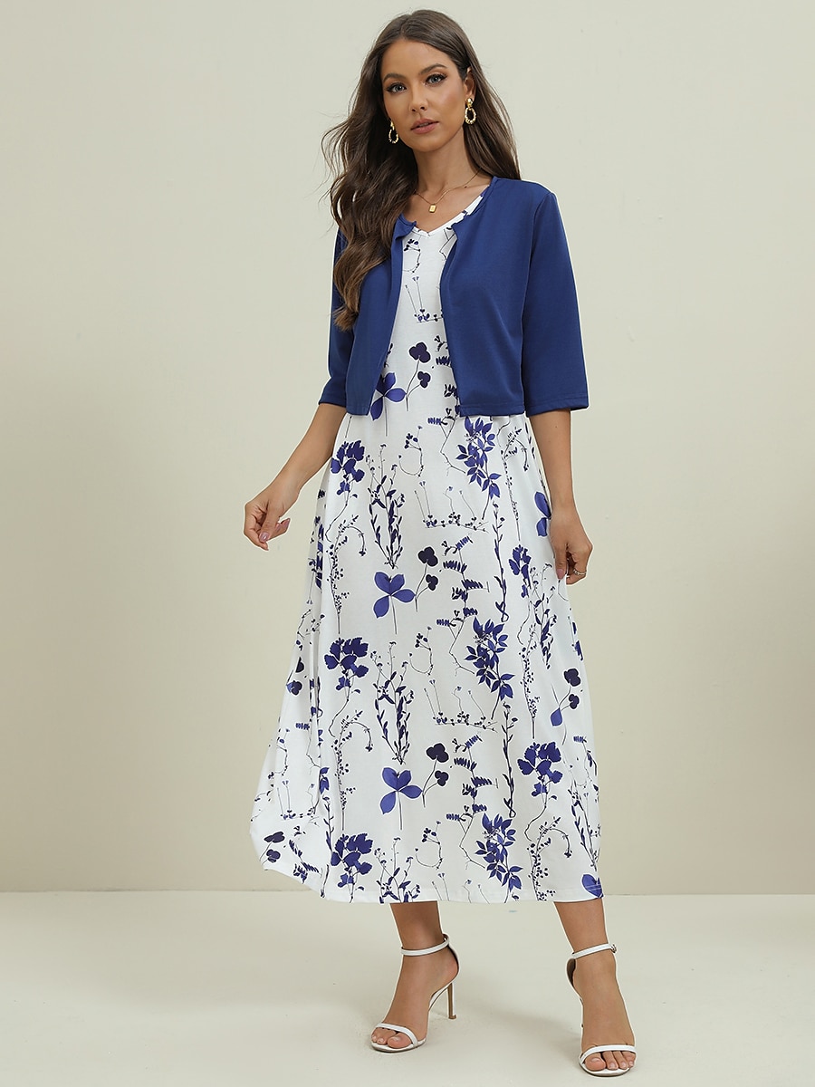Women's Midi Dress Two Piece Dress Set Casual Dress Print Dress Daily Vacation Fashion Elegant Pocket Print Crew Neck Half Sleeve Floral Regular Fit Black Navy Blue Green Summer Spring S M L XL XXL 2025 - $46.99 –P5