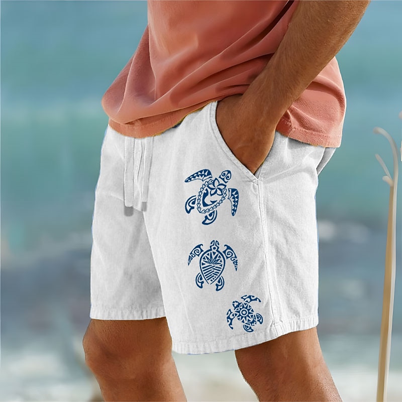 Mens Cotton Linen Shorts Summer Beach Hawaiian Drawstring Waist Short Pants  New