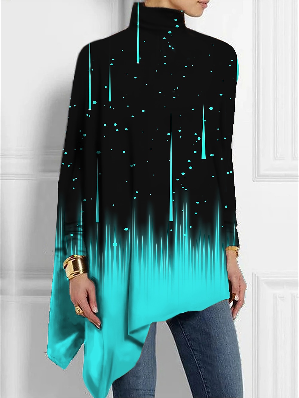 Damen T-Shirt Hochkragen Oberteil Leuchtende Linien Druck Langarm Lockerer Schnitt Einzigartiges Design Schwarz Mehrfarbig Trendy Party Nachtclub Statement Shirt Modische Frühling Herbst Bekleidung 2025 - $23.99 –P2