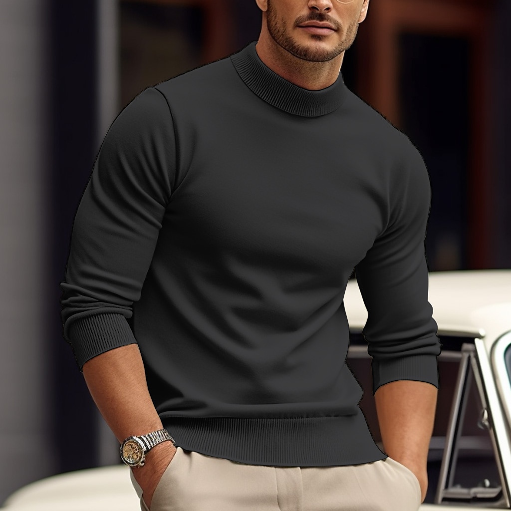 Men's Pullover Sweater Jumper Knit Sweater Ribbed Knit Knitted Plain Mock Neck Basic Keep Warm Daily Wear Vacation Clothing Apparel Fall & Winter Black White S M L 2025 - $28.99 –P14