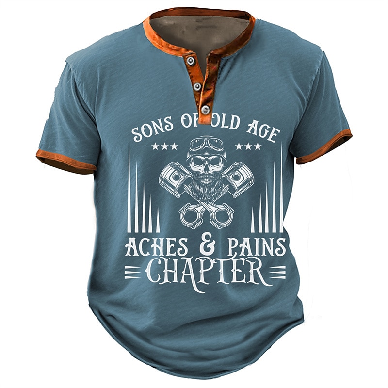 Mens Henley Graphic T-Shirt Short Sleeve | Funny Old Age Aches & Pains Chapter Biker Skull 2026 - $22.99 –P2