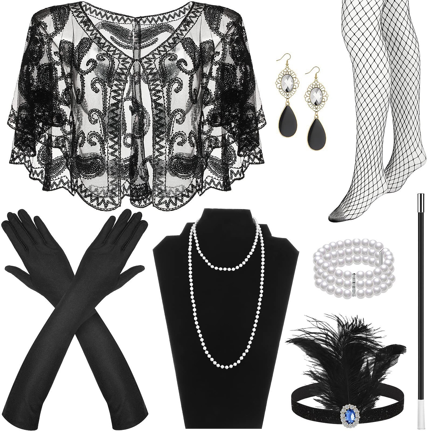 Elegante Vintage Anni 1920 Set di accessori Sciarpe da flapper Il grande Gatsby Invitato al matrimonio Piuma Perline Costume Per donna Capodanno Mascherata Performance Ricevimento di nozze Addio al del 2026 a $43.09 –P7