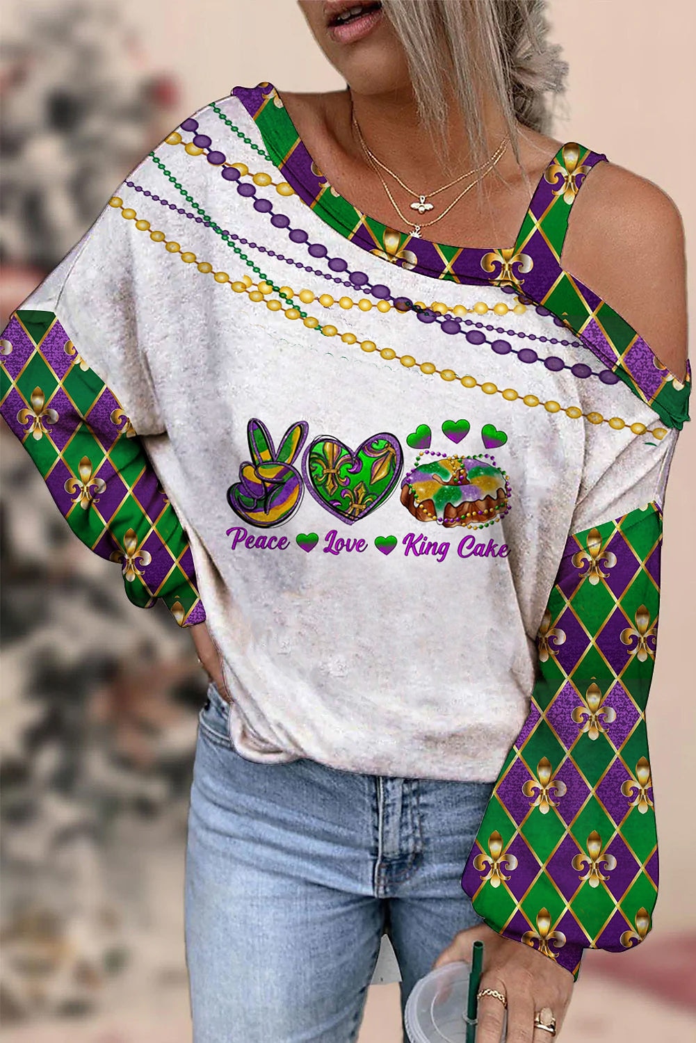 dameskjorte bluse mardi gras skjorte mote hjerte vanlige topper lange ermer en skulder print regular fit karneval avslappet gå ut lysegrønn grønn vår & høstens karnevalstema 2025 - $29.99 –P2