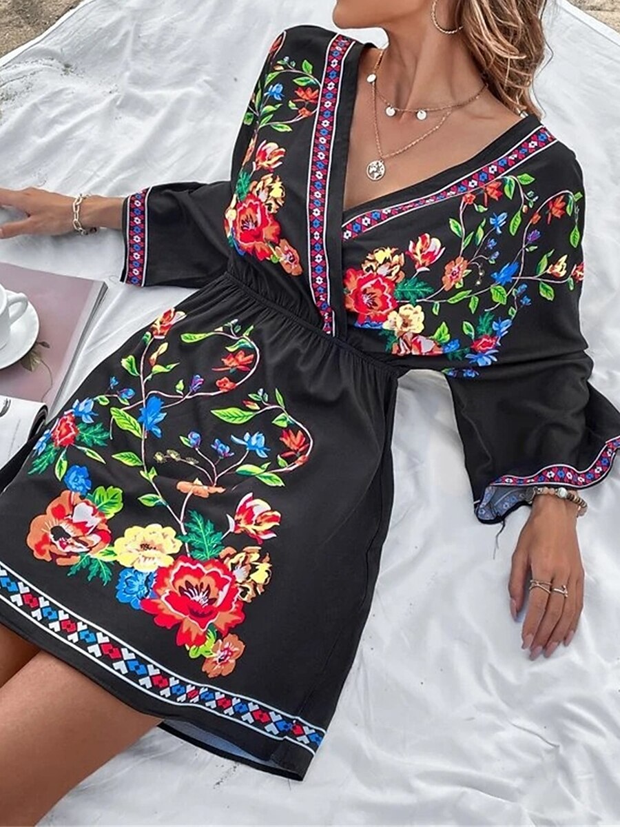 női alkalmi ruha virágmintás v nyak mini ruha etnikai boho vakáció 3/4 hosszú ujjú nyár tavasz 2025 - $27.99 –P16