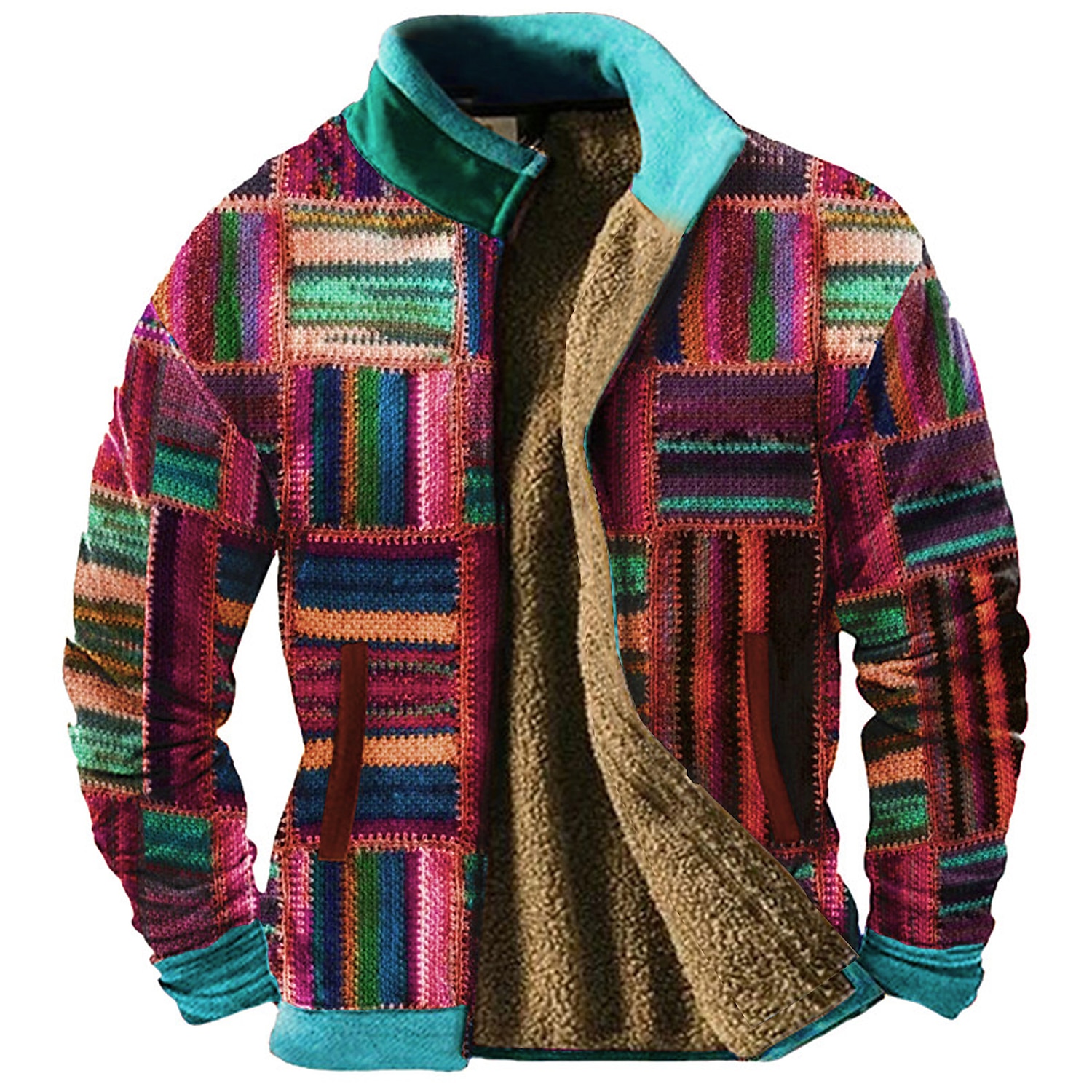 Men's Graphic Patchwork Sweatshirts Zip Sweatshirt Fleece Jacket Outerwear Long Sleeve Sweatshirt Stand Collar Daily Casual Vintage Retro Vacation Holiday Going out Fleece Winter 2025 - $36.99 –P4