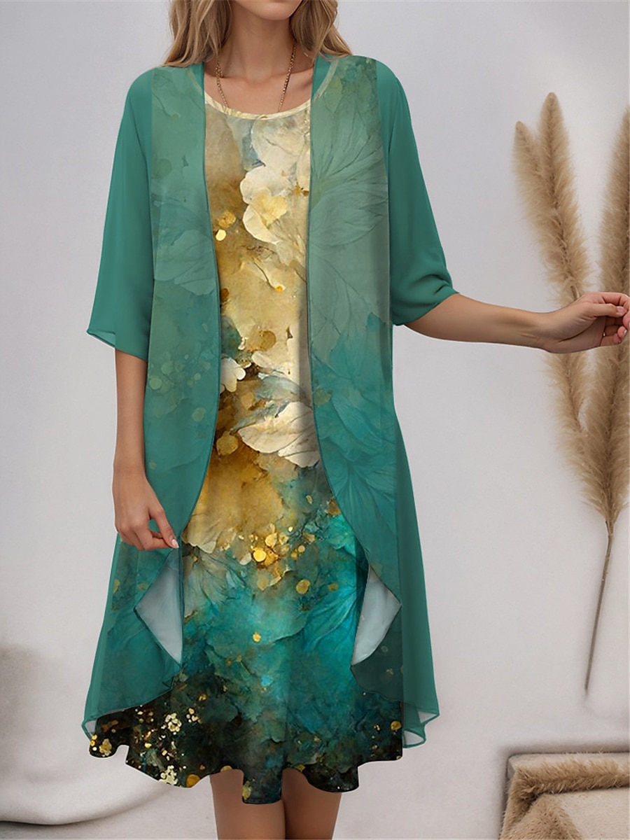Robe de graduation pour femmes Robe Midi Ensemble de deux pièces Robe décontractée Robe en chiffon Robe imprimée Mode Imprimé floral moderne À manches mi-longues Col rond Extérieur Vacances Bleu de 2025 ? $41.99 –P1
