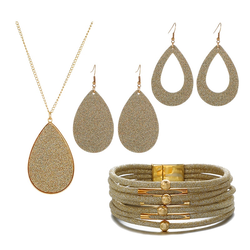 Conjunto de joyería de cuero, aleación de polvo de oro, collar, pendientes, collar, pulsera, conjunto combinado 2025 - $15.99 –P8