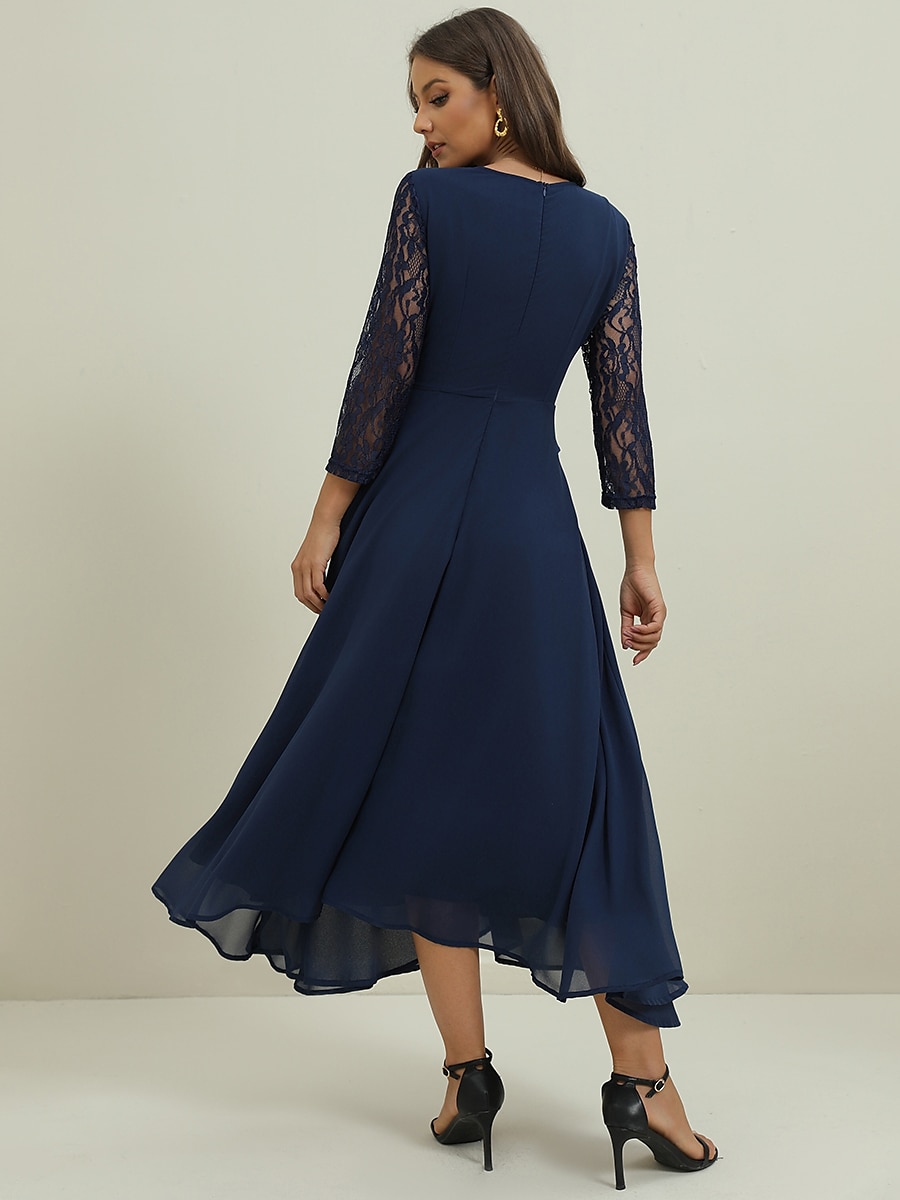 Femme Robe dentelle Robe de bal robe soirée Mousseline de soie Dentelle Patchwork Col Ras du Cou Manches 3/4 Robe mi-longue Formel robe hiver bleu marine Printemps Hiver de 2025 ? $57.99 –P1