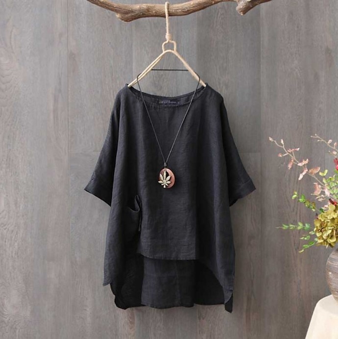 Women's Shirt Blouse Cotton Linen Shirts Plain Fashion Round Neck Casual Pocket Asymmetric Hem Army Green Red Blue Summer 2025 - $27.99 –P3