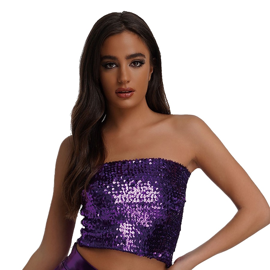 2026年 レトリ／ヴィンテージ 1980年代 メタリック色 チューブトップ ディスコ スパンコール 純色 仮装 女性用 カーニバルコスチューム カーニバル 性能 プロムドレス クラブ 成人 上着  コレクション – $20.99 –P7