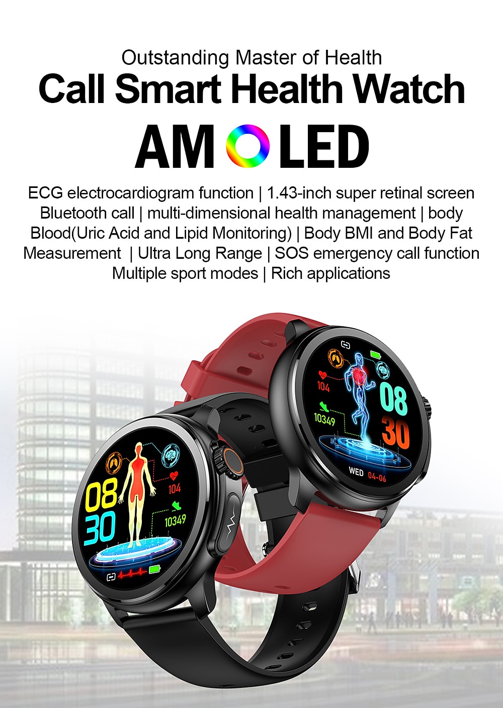 iMosi et481 Smart Watch 1.43 inch Smartwatch Fitness Running Watch Bluetooth Call ECG PPG Pedometer Call Reminder Compatible with Android iOS Women Men Long Standby Waterproof Media Control IP68 46mm 2024 - JOD JD42.54 –P1