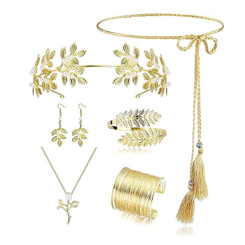 Conjunto de pendientes y collar de perlas, diadema de hojas a la moda, pulsera de alambre de hierro, conjunto de novia para Carnaval 2025 - $18.99 –P1