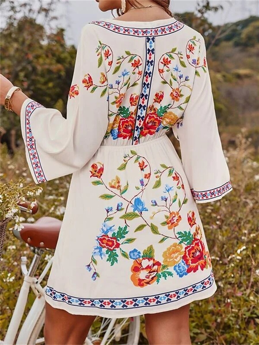 női alkalmi ruha virágmintás v nyak mini ruha etnikai boho vakáció 3/4 hosszú ujjú nyár tavasz 2025 - $27.99 –P2
