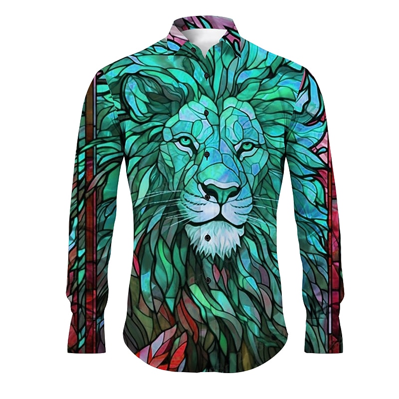Men's Lion Shirt Button Up Shirt Long Sleeve Abstract Daily Wear Going out Spring & Summer Turndown Print Button-Down Yellow Red Blue Purple Green 2025 - $26.99 –P5