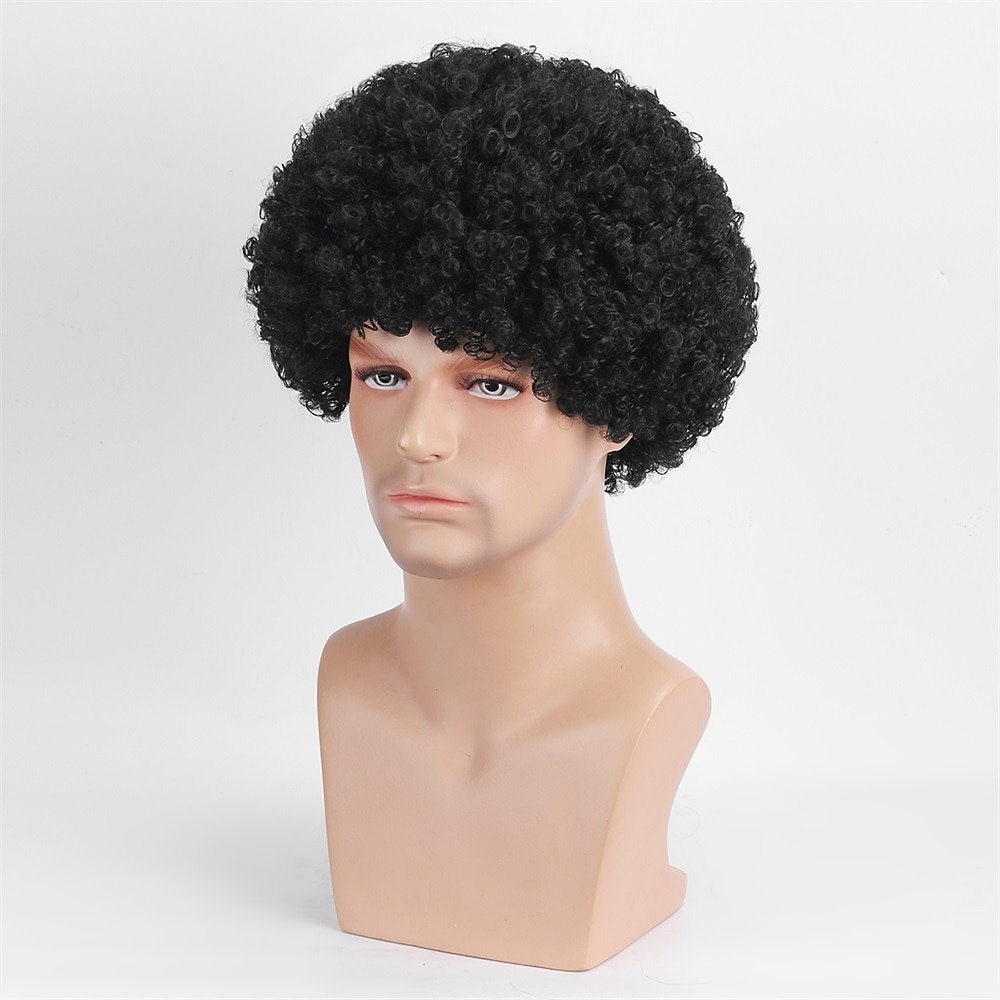 Perruque synthétique bouclée avec frange perruque faite à la machine courte noire naturelle #1B cheveux synthétiques pour hommes cosplay douce fête perruques d'Halloween noires de 2025 ? $9.99 –P3