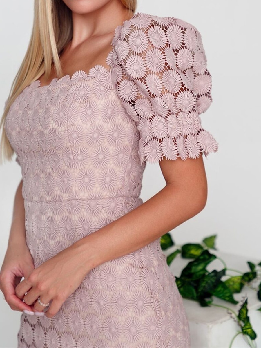 Dámské Midi šaty Bílé krajkové svatební šaty Elegantní Večírek Párty Dar Běžný Bez vzoru Krátký rukáv Hranatý Černá Bílá Světlá růžová Léto Jaro Podzim Zima 2026 - $41.99 –P11