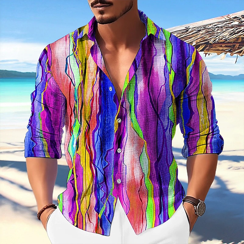 Hombre Bloque de color Degradado Diseño Geométrico Camisa Abotonar la camisa Manga Larga Moda Ropa de calle Design Exterior Casual Diario Otoño Invierno Cuello Vuelto Estampado Morado Verde Trébol 2025 - $25.99 –P4