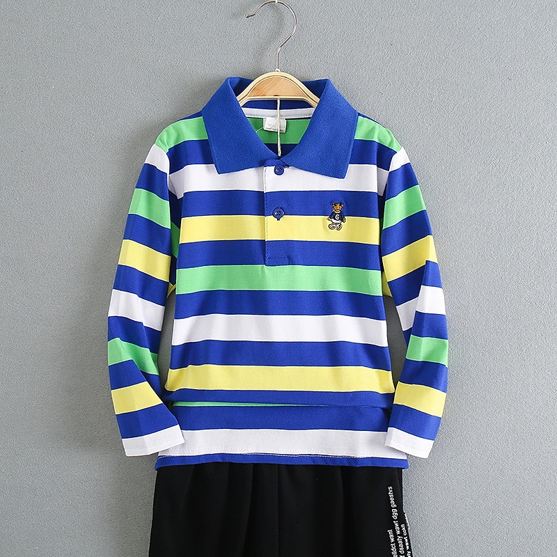 Barn Pojkar T-shirt Tee Tecknat Rand Långärmad Knapp Bomull Barn Top Skola Förtjusande Dagligen Vår Höst GUCI långärmade tjocka ränder 7-13 år 2025 - $17.49 –P8