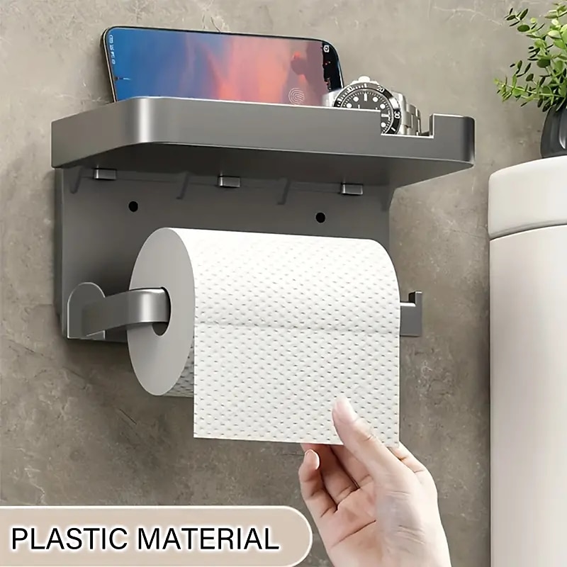 1 portaoggetti per carta igienica a parete & porta cellulare porta carta igienica autoadesivo con ripiano per telefono migliora il tuo bagno con porta fazzoletti nero antiruggine e bagno del 2025 a $9.99 –P5