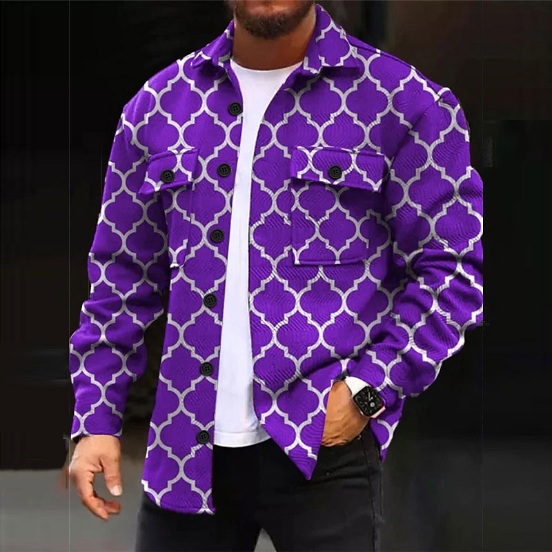 Herren Geometrie Hemd Hemdjacke Overshirt Langarm Brautkleider schlicht Outdoor Strasse Casual Herbst Winter Umlegekragen Knopf Tasche Bedruckt Schwarz Rote Blau Purpur 2025 - $37.99 –P3