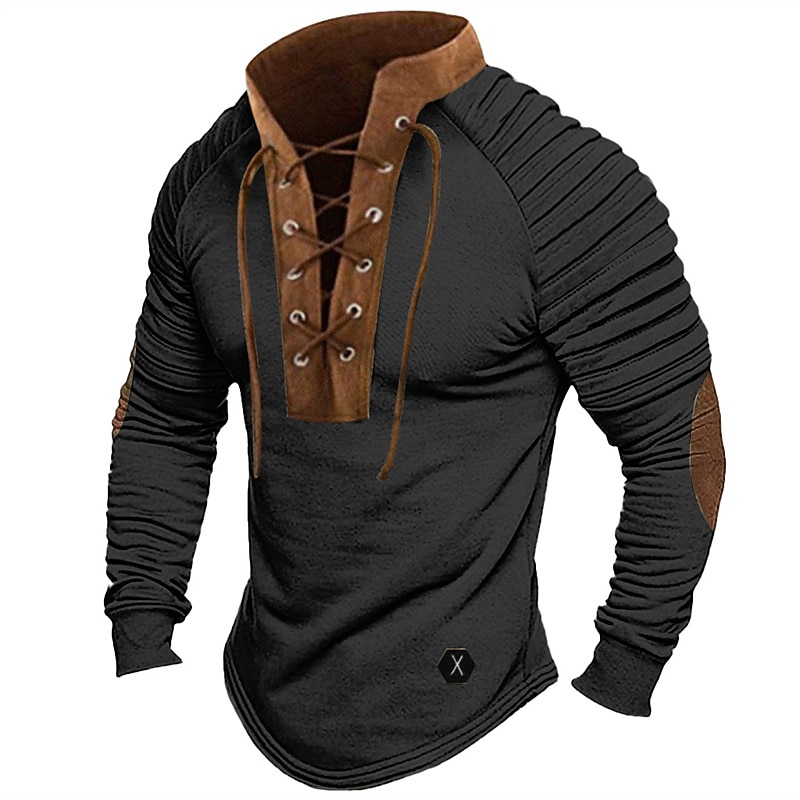 Hombre Camiseta Camiseta superior Camisa de manga larga Manga Larga Cuello Mao Primavera & Otoño Bloque de color delgado plisado Moda Design Básico Correa Retazos Vacaciones Calle Noche Negro Marrón 2026 - $12.99 –P4