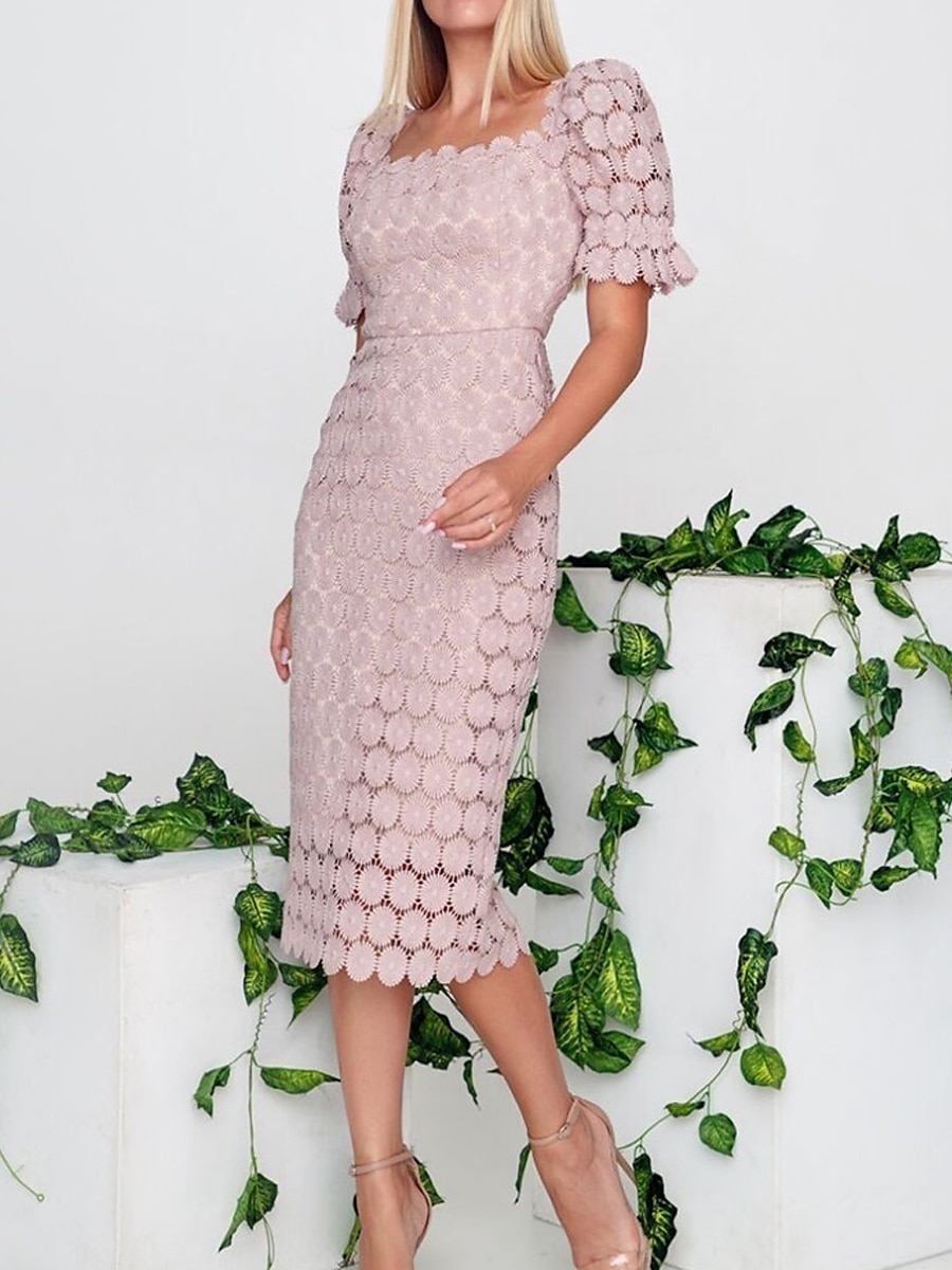 Dámské Midi šaty Bílé krajkové svatební šaty Elegantní Večírek Párty Dar Běžný Bez vzoru Krátký rukáv Hranatý Černá Bílá Světlá růžová Léto Jaro Podzim Zima 2026 - $41.99 –P8