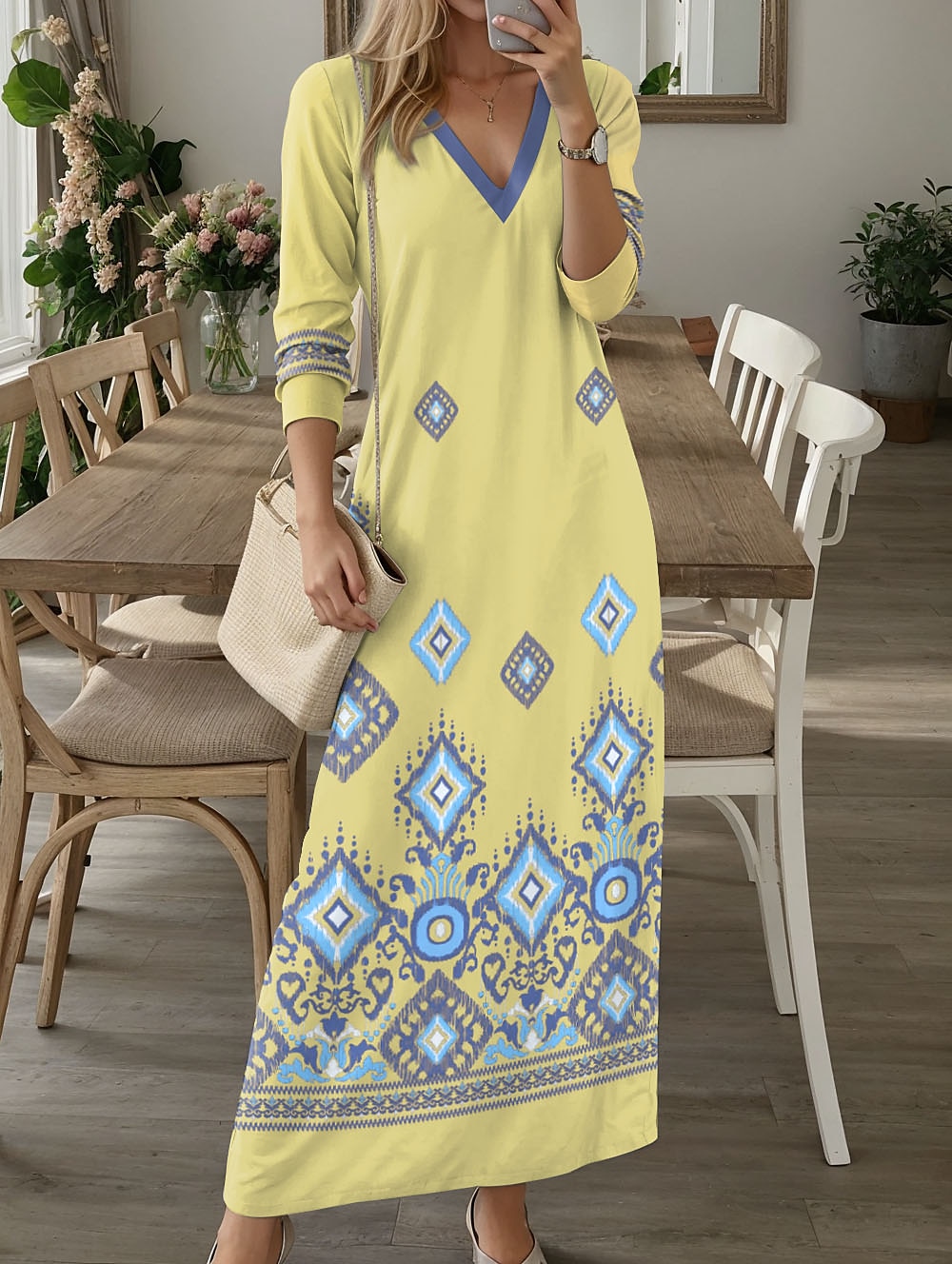 Rochie Maxi Femei Rochie Casual Rochie T-Shirt Rochie Tee Imprimare Tribal Floral cu Buzunar Decolteu în V Rochie Lungă Rochie Maxi Vintage Etnică Întâlnire Vacanță Mâneci Lungi Toamnă Iarnă 2025 - $36.99 –P4