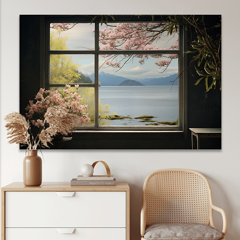 Paisaje pared arte lienzo ventana falsa primavera flores de cerezo impresiones y carteles fotos tela decorativa pintura para sala de estar fotos sin marco 2025 - $17.49 –P9