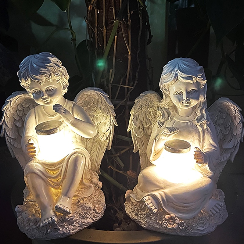 hageengel staty, engle fe statuett med solenergi lys, hage harpiks engel figurer ornament engle dekorasjon for plen kirkegård minnegaver, skytsengel hage statuette-jente 2025 - $37.99 –P4
