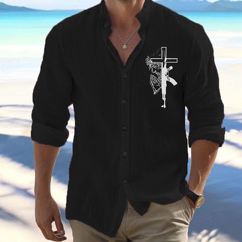 Per uomo Camicia Camicia da Spiaggia Camicia con Bottoni Croce All'aperto Vacanza Nero Bianco Rosa Arancione Manica Lunga Colletto Mao Primavera & Autunno Abbigliamento Stampato del 2026 a $27.99 –P10