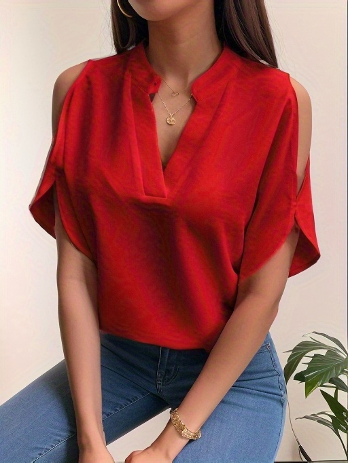 Overhemd Blouse Dames Wit Rood Groen Bloemig Effen Uitknippen Casual Modieus V-hals Normale pasvorm S 2025 - $26.99 –P6