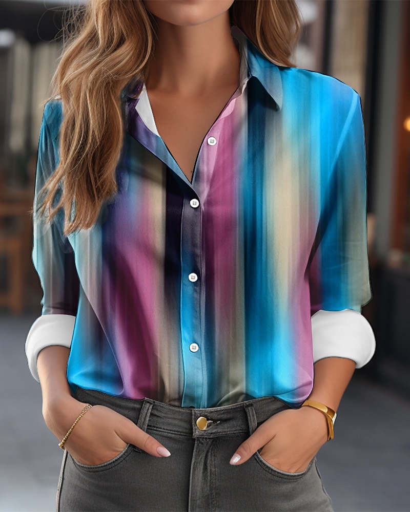 Camicia da donna Moda Color Block Bottoni Stampa Maniche Lunghe Top Regolari Collo Camicia Casual Rossa Blu Reale Blu Verde Primavera  Autunno del 2025 a $23.99 –P2