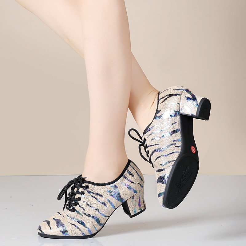Women's Glitter Dance Shoes with Animal Print, Lace-Up Design, and Comfortable Low Heels for Ballroom, Latin, or Party 2025 - $34.99 –P2