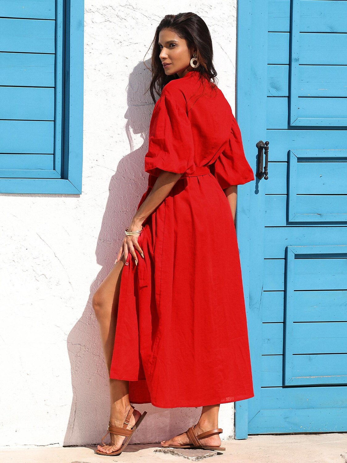 Women's Linen Cotton Shirt Maxi Dress Red Casual Collared Button-Down Loose Fit Puff Sleeve Belted 2025 - $163.99 –P5