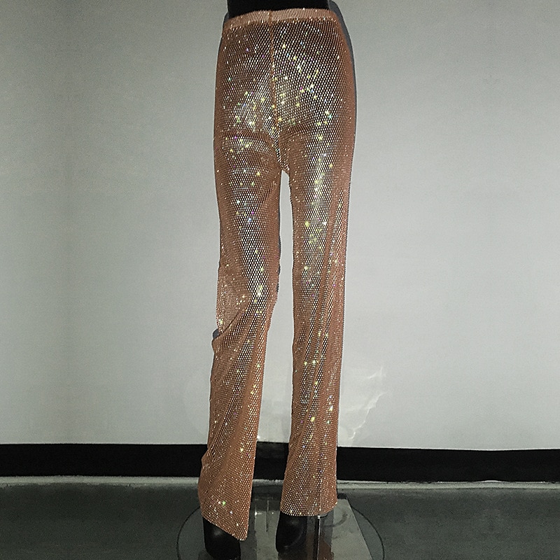 Metallic Sparkle Pants Sheer Mesh Rhinestone Cover Up Disco Solid Color Women's Party Club Pride Parade Adults' Pants 2025 - $86.99 –P16