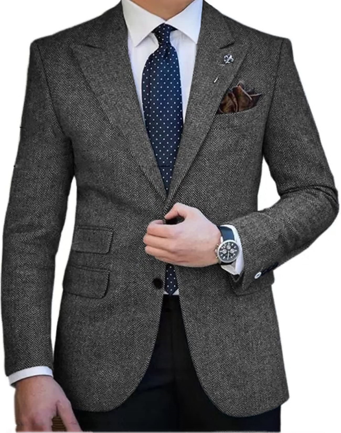 Herren Tweed Blazer Retro Vintage Fischgrätenmuster Blazer Braun Kaki Dunkelgrau Übergrössen Einreiher mit zwei Knöpfen 2025 - $76.99 –P4