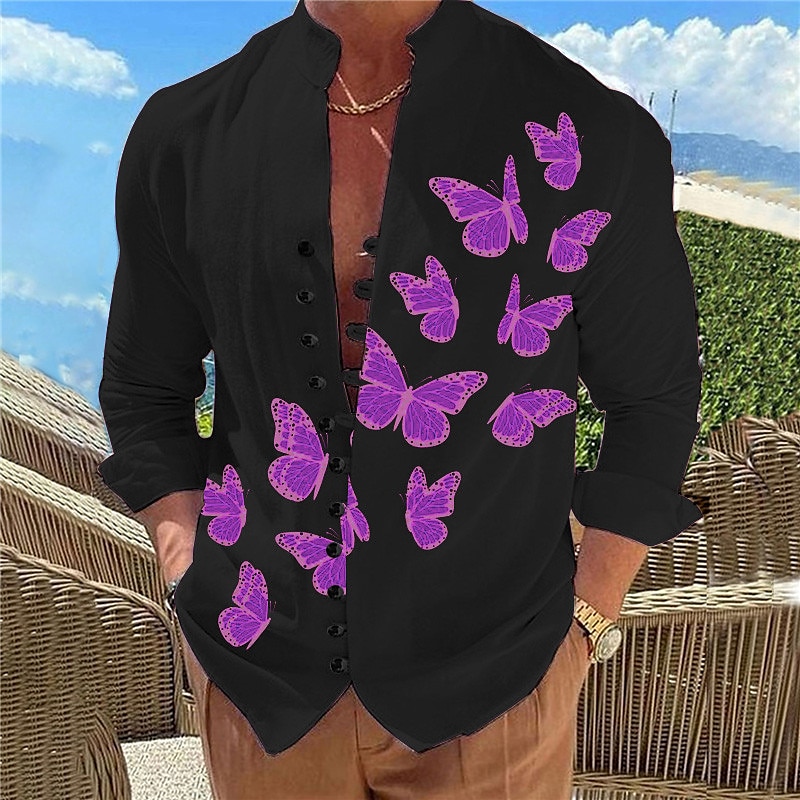 Per uomo Farfalla Camicia Manica lunga Informale Da tutti i giorni Per uscire Fine settimana Primavera estate Colletto Mao Stampa Bottone giù Nero Bianco Blu Viola Fucsia del 2025 a $26.99 –P6