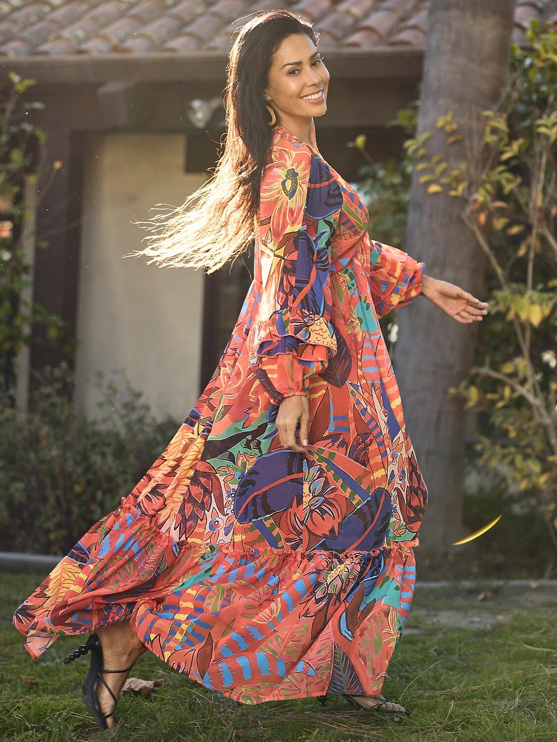 vestido maxi com estampa floral e decote em V de 2025 por $41.99 –P6