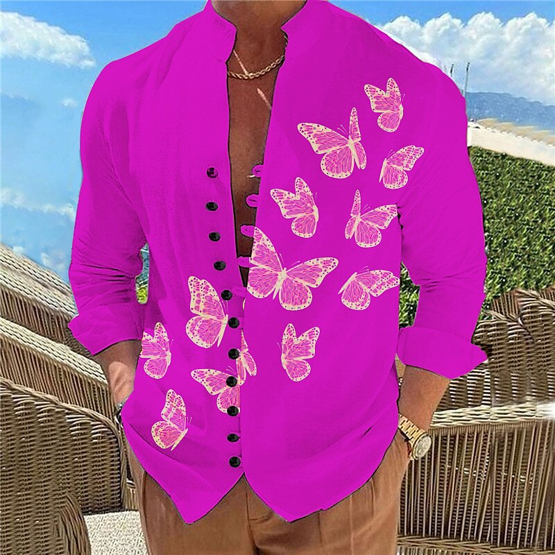 Per uomo Farfalla Camicia Manica lunga Informale Da tutti i giorni Per uscire Fine settimana Primavera estate Colletto Mao Stampa Bottone giù Nero Bianco Blu Viola Fucsia del 2025 a $26.99 –P5