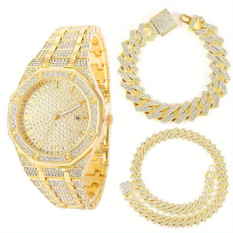 3pcs/set HipHop Mens Rhinestone Watch & Necklace & Bracelet Set, Christmas Gift 2025 - $38.99 –P7