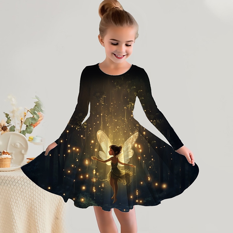 Girls ' 3D VÍLA Šaty Dlouhý rukáv 3D tisk Jaro Podzim Dovolená Sporty a outdoor Denní Roztomilý Na běžné nošení Krásná Děti 3-12 let Volnočasové šaty Áčkové šaty Nad kolena Běžný 2025 - $16.99 –P3