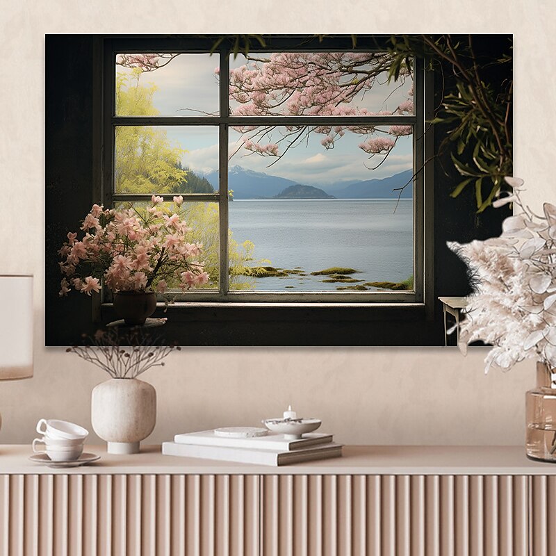 Paisaje pared arte lienzo ventana falsa primavera flores de cerezo impresiones y carteles fotos tela decorativa pintura para sala de estar fotos sin marco 2025 - $17.49 –P7
