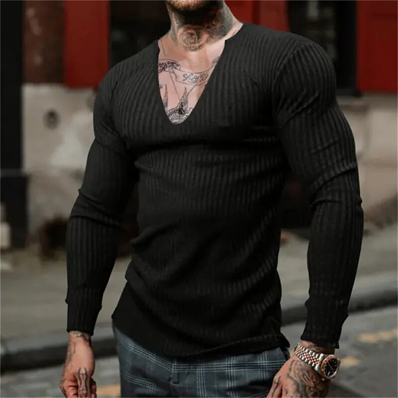 Men's T Shirt Knit Tee Tee Top Long Sleeve Shirt Long Sleeve V Neck Spring & Fall Plain Pit Strip Fashion Designer Basic Vacation Street Going out Wine Black Blue Top Tee for Men 2025 - $23.99 –P7