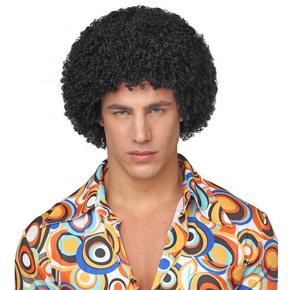 Perruque synthétique bouclée avec frange perruque faite à la machine courte noire naturelle #1B cheveux synthétiques pour hommes cosplay douce fête perruques d'Halloween noires de 2025 ? $9.99 –P1